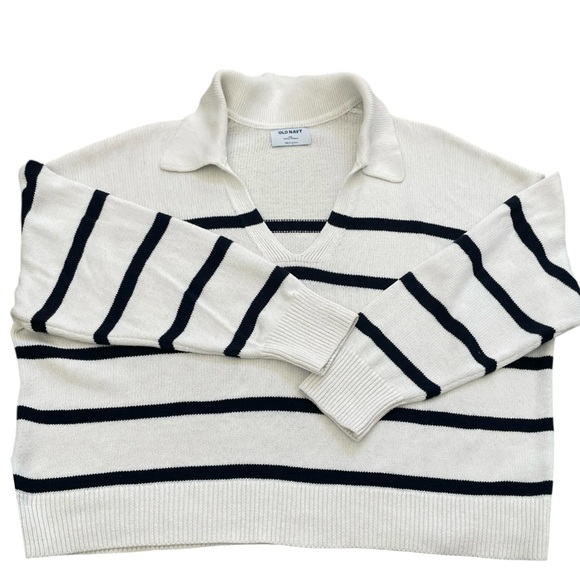 Old Navy Polo Sweater Striped Long Sleeve Cotton White & Blue XXL - Picture 4 of 8